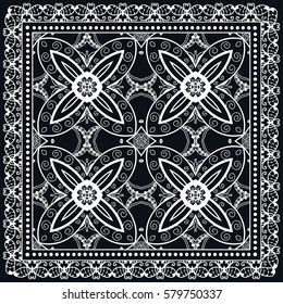 Black and white abstract lace background, square geometric pattern with ornate frame, tribal ethnic ornament. Bandanna shawl fabric print, silk neck scarf or kerchief design, vector illustration.