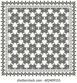 Black and white abstract lace background, square geometric pattern with ornate frame, tribal ethnic ornament. Bandanna shawl fabric print, silk neck scarf or kerchief design, vector illustration.
