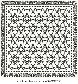Black and white abstract lace background, square geometric pattern with ornate frame, tribal ethnic ornament. Bandanna shawl fabric print, silk neck scarf or kerchief design, vector illustration.
