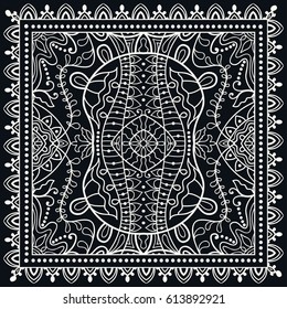 Black and white abstract lace background, square geometric pattern with ornate frame, tribal ethnic ornament. Bandanna shawl fabric print, silk neck scarf or kerchief design, vector illustration.