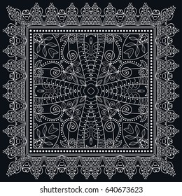 Black and white abstract lace background, square geometric pattern with ornate frame, tribal ethnic ornament. Bandanna shawl fabric print, silk neck scarf or kerchief design, vector illustration.