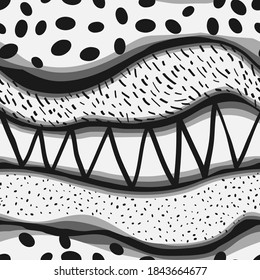 Black and white abstract layers pattern in doodle style. Vector seamless pattern design for textile, fashion, paper, packaging and branding. 