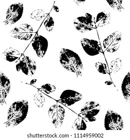 Black and White Abstract leaves silhouette seamless pattern. Hand drawn leaf silhouettes with scribble textures. Natural elements in monochrome colors. Vector grunge design for surface design