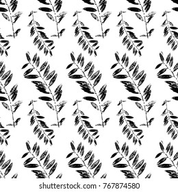 Black and White Abstract leaves silhouette seamless pattern. Hand drawn leaf silhouettes, natural elements in monochrome colors. Vector grunge design for paper, fabric, backgrounds and natural product