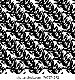 Black and White Abstract leaves silhouette seamless pattern. Hand drawn leaf silhouettes, natural elements in monochrome colors. Vector grunge design for paper, fabric, backgrounds and natural product