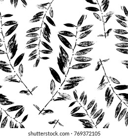 Black and White Abstract leaves silhouette seamless pattern. Hand drawn leaf silhouettes with scribble textures. Natural elements in monochrome colors. Vector grunge design for paper, fabric
