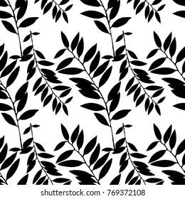 Black and White Abstract leaves silhouette seamless pattern. Hand drawn leaf silhouettes with scribble textures. Natural elements in monochrome colors. Vector grunge design for paper, fabric