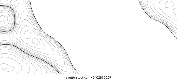 Black and white abstract line background. Topographic contour map concept. Linear terrain outline pattern. Geographic design template wallpaper for poster, banner, print, booklet, brochure. Vector