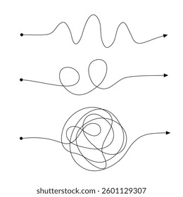 Black and white abstract line illustration showing three different paths from start to goal, symbolizing problem solving and progress.