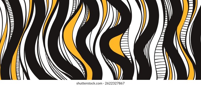 Black and White Abstract Lines. Curvy wavy pattern. Bold monochrome texture with yellow accents. Modern liquid flow design. Psychedelic background.