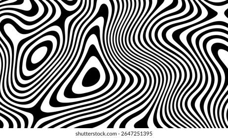 Flujo líquido abstracto blanco y negro. Maravillosas líneas artísticas psicodélicas. Fondo ondulado curvo de la ilusión óptica para el Anuncio.