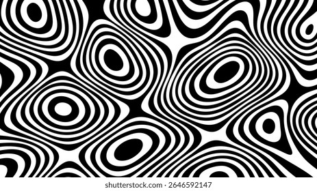 Padrão de onda líquida abstrata em preto e branco. Ilusão óptica hipnótica para fundo dinâmico. Groovy design de fluxo para a arte moderna.