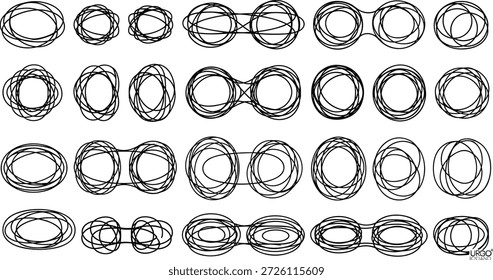 Ilustração em loop abstrato preto e branco, sobreposição de formas elípticas, desenho de linha mínima, simetria, variação, geometria artística, estilo de Escher