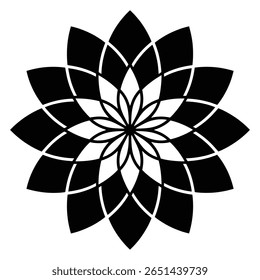 Black and white abstract mandala with geometric flower shapes creating a circular pattern. High contrast monochrome design.