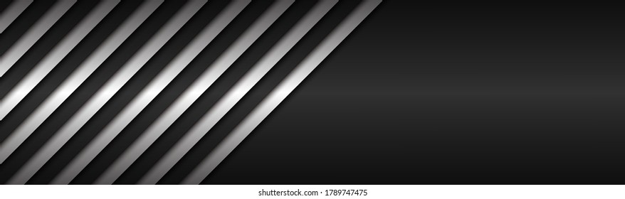 Black and white abstract metallic vector header with slanting lines. Black and white striped pattern, parallel lines and strips. Vector abstract widescreen background