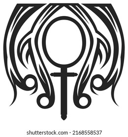 Black and white abstract mirror. Symbol of Venus framed with curvy lines