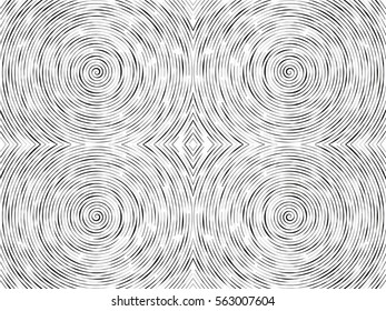 Black and white abstract modern concentric circles texture. Abstract spirally stripes background, optical, op art seamless pattern. Vector illustration. Halftone background