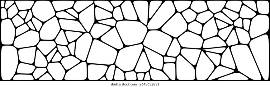 Black and white abstract mosaic pattern with irregular, cell-like stone shapes separated by bold black lines.

