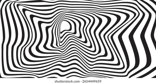 Black and white abstract optical illusion background with hypnotic wavy lines forming a distorted tunnel. Perfect for posters, backdrops, or graphic design projects. High contrast trippy vector art.

