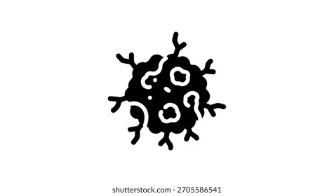 A black and white abstract, organic shape with irregular protrusions and internal circular elements, resembling a stylized microorganism or cell.