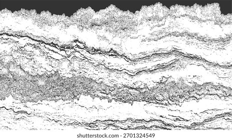 Black and white abstract organic texture with layered wavy lines and jagged edges.