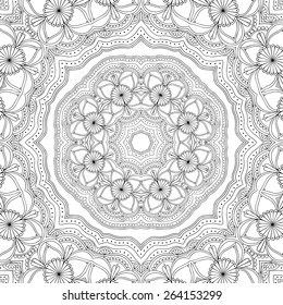 Black and white abstract ornamental background. Lace round ornament. Vector art