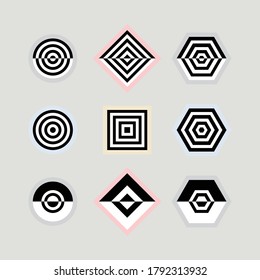 Black and white abstract parallel inner lines shapes emblems and icons set on gray background 