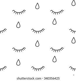 Black and white abstract pattern with closed crying eyes. Eyelashes background illustration.