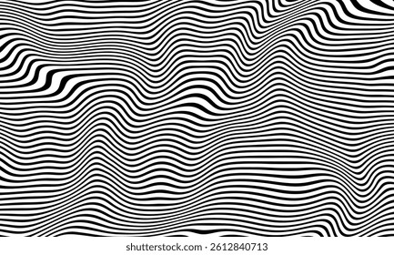 A black and white abstract pattern with curved lines. Abstract pattern. Texture with wavy curves. Abstract psychedelic stripes image.