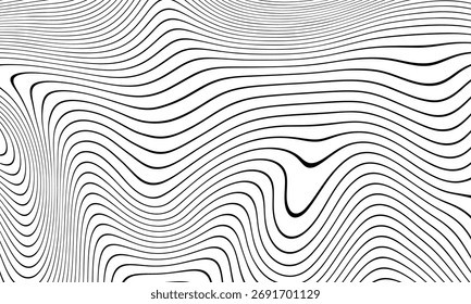 A black and white abstract pattern with curved lines. Abstract pattern. Texture with wavy curves. Abstract psychedelic stripes image.