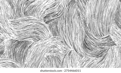 Black and white abstract pattern of curved and linear brush strokes creating a textured organic flow