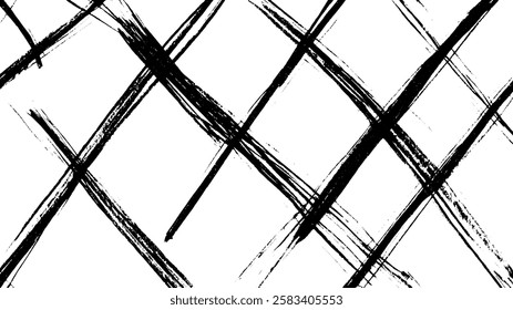 A black and white abstract pattern featuring bold, diagonal brush strokes crossing each other in a crisscross design, creating a dynamic and artistic texture.