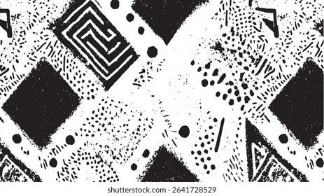 Black and white abstract pattern featuring geometric shapes including a mazelike element irregular patches and various line and dot patterns creating a high contrast textured effect.