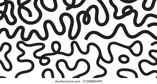 Un patrón abstracto en blanco y negro con líneas onduladas sobre un fondo blanco puro, creando un efecto visual dinámico y juguetón con curvas negras audaces.