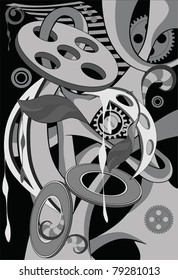 It is black a white abstract pattern with gears