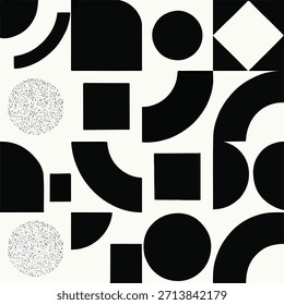 Modelo abstracto blanco y negro, textura geométrica del fondo, diseño minimalista de las Formas, composición inconsútil moderna, Elementos circulares y cuadrados, superficie decorativa monocromática, gráfico contemporáneo