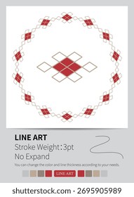 A black and white abstract pattern with an interconnected geometric loop and a diamond border.