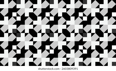 Black and white abstract pattern with interlocking geometric shapes creates a dynamic and futuristic optical effect. Suitable for modern design and minimalist aesthetics