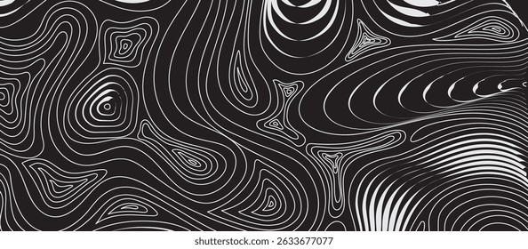 Black and White Abstract Pattern with Intricate Flowing Lines, Organic Interconnected Shapes, Topographic and Liquid Swirl Effect, Varying Thickness and Density, Fluid Depth and Texture