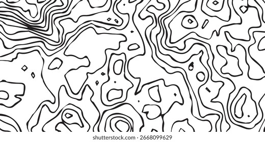 Um padrão abstrato em preto e branco de linhas de contorno irregulares e fluentes, criando uma textura semelhante a um mapa topográfico isolado em um fundo branco.