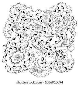 Black and white abstract pattern with leaves and flowers. Doodle. Hand drawn zentagle. Background can be used for wallpaper, pattern fills, textile, fabric, coloring book for adults and kids. eps 10.