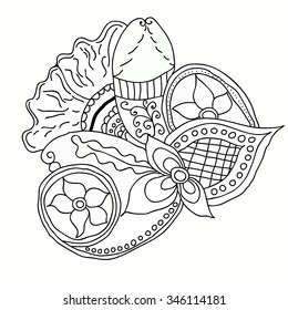 Black and white abstract pattern with leaves and flowers. Doodle. Hand drawn zentagles. Coloring book.