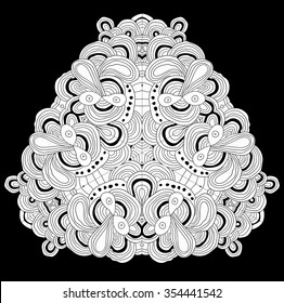 Black and white abstract pattern with leaves and flowers. Doodle. Hand drawn zentagles. Coloring book. Mandala.