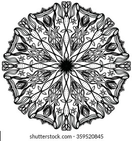 Black and white abstract pattern with leaves and flowers. Doodle. Hand drawn zentagles. Coloring book. Mandala.