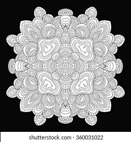 Black and white abstract pattern with leaves and flowers. Doodle. Hand drawn zentagles. Coloring book. Mandala. Zendala. Vector.