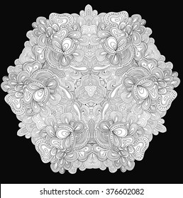 Black and white abstract pattern with leaves and flowers. Doodle. Hand drawn zentagles. Coloring book. Mandala.
