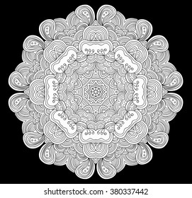 Black and white abstract pattern with leaves and flowers. Doodle. Hand drawn zentagles. Coloring book. Mandala. Raster. Can be used as adult coloring book, coloring page. Sacred geometry