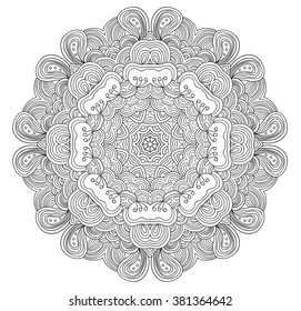 Black and white abstract pattern with leaves and flowers. Doodle. Hand drawn zentagles. Coloring book. Mandala. Can be used as adult coloring book, coloring page. Sacred geometry
