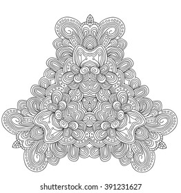 Black and white abstract pattern with leaves and flowers. Doodle. Hand drawn zentagles. Coloring book. Mandala. vector. Can be used as adult coloring book, coloring page. Sacred geometry