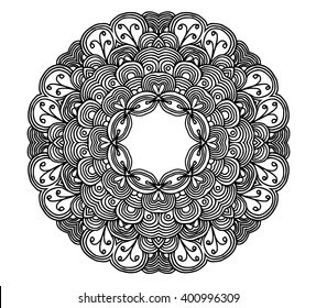 Black and white abstract pattern with leaves and flowers. Doodle. Hand drawn zentagles. Coloring book. Mandala. Vector.